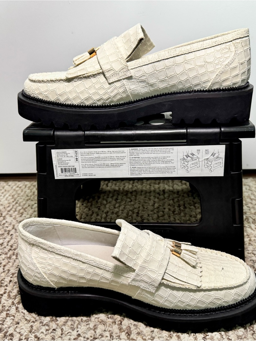 Men's Cream Croc-Textured Tassel Loafers with Black Lug Sole